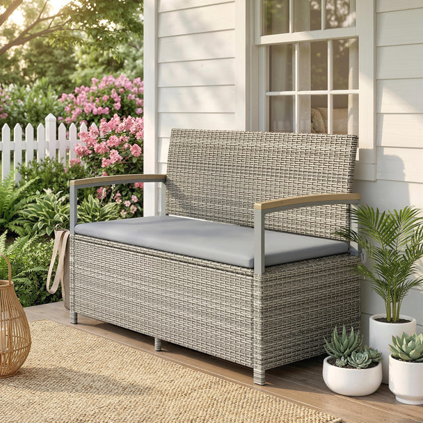 Outsunny 170 L Garden Storage Bench with Zipped Liner, 2 Seater Rattan Garden Bench with Storage, Gas Strut, Cushion – view 2