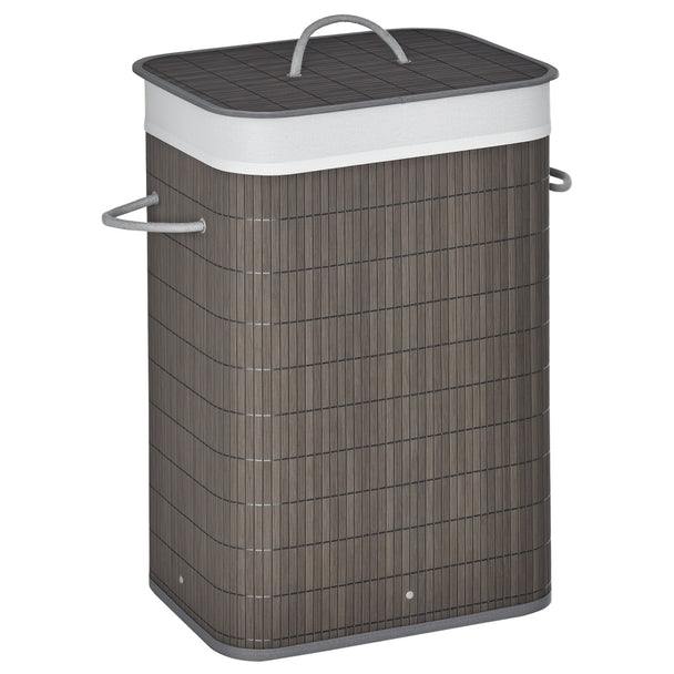 Grey collapsible laundry basket with flip lid, rope handles and removable lining