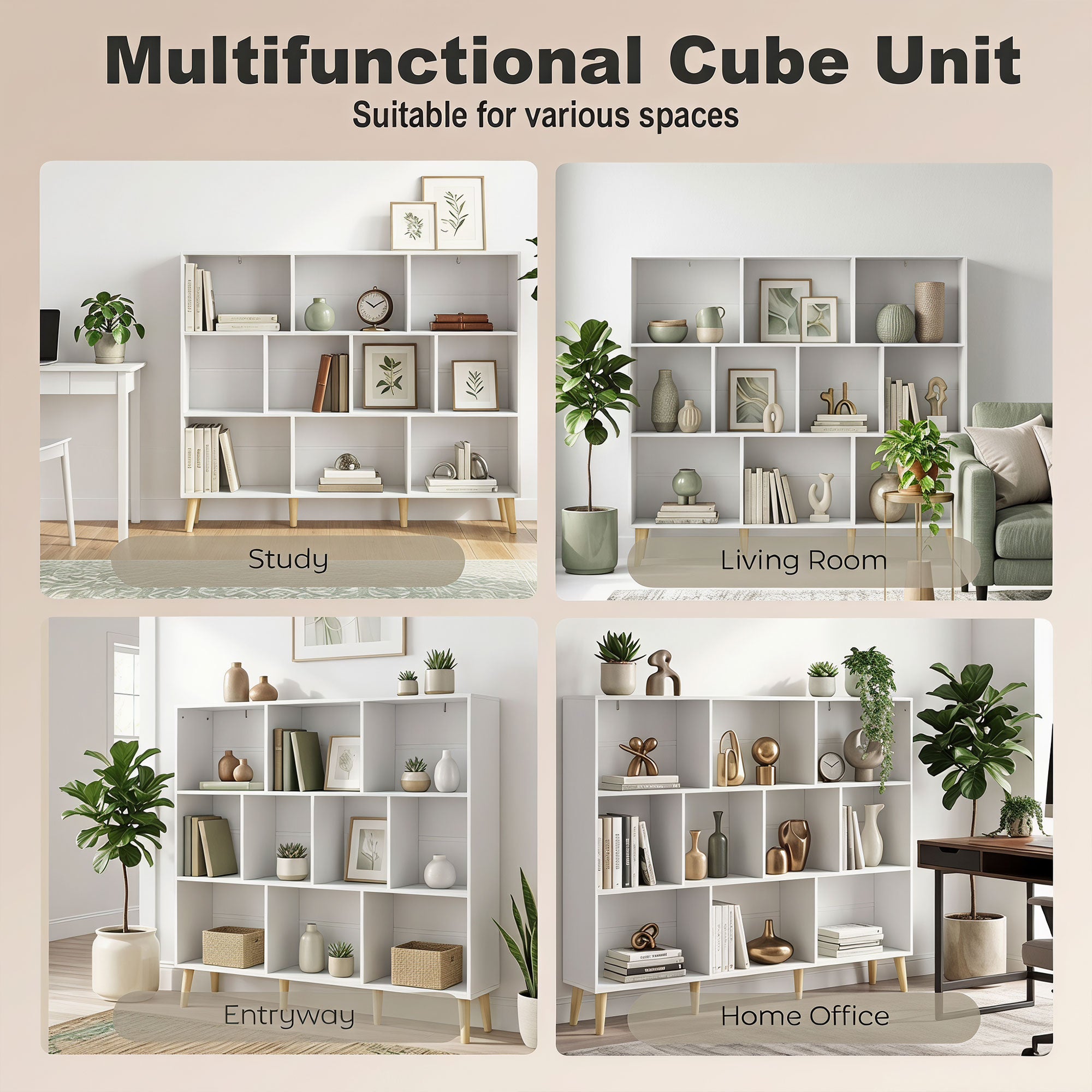 10-Cube Bookcase, 3-Tier Book Shelf with Solid Wood Legs, 140 cm Modern Bookshelf with Anti-Tip Kit for Bedroom, White