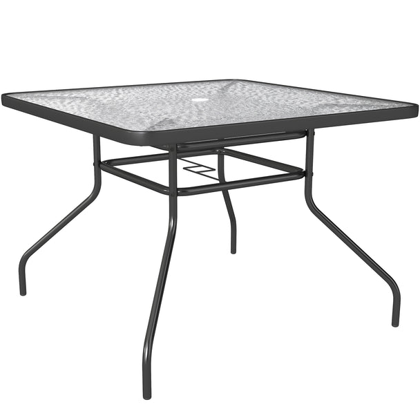 Black 100 cm square garden dining table with textured tempered glass top and parasol hole