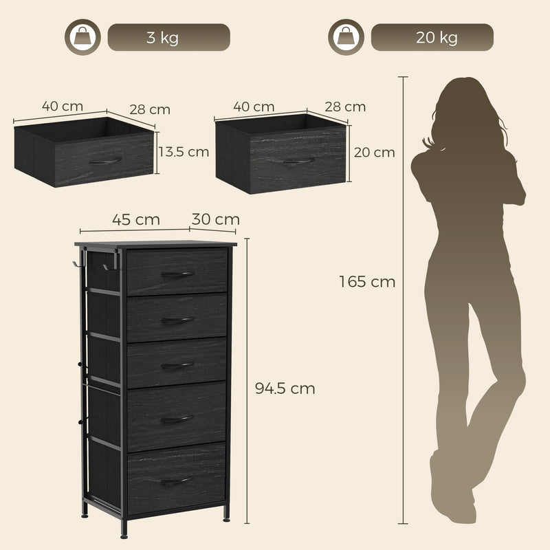 HOMCOM Chest of Drawers, Dresser with 5 Fabric Drawers, Tall Storage Unit with 4 Pockets and 2 Hooks, Steel Frame, Black – view 3