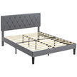 Grey double bed frame with padded linen-look headboard on a black metal base