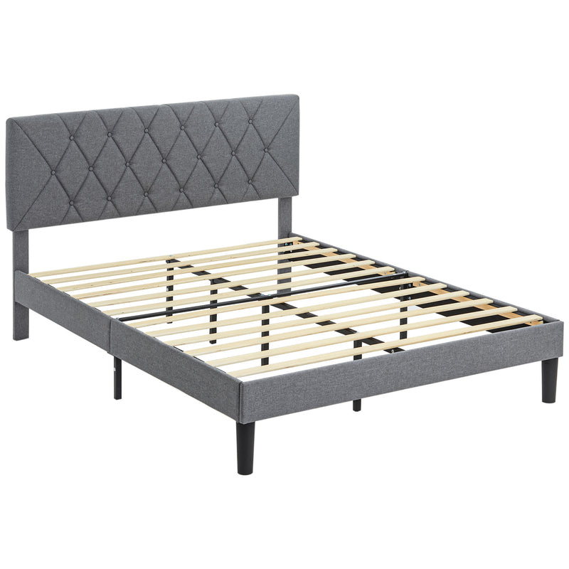 Grey double bed frame with padded linen-look headboard on a black metal base
