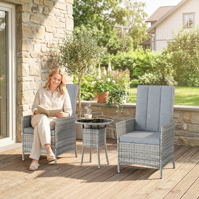 Outsunny Rattan Bistro Set, Reclining Garden Chairs and Glass Coffee Table with Cushions for Patio Balcony Porch, Light – view 10