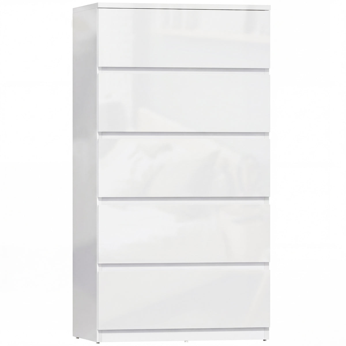 High gloss white 5-drawer chest of drawers with handle-free fronts