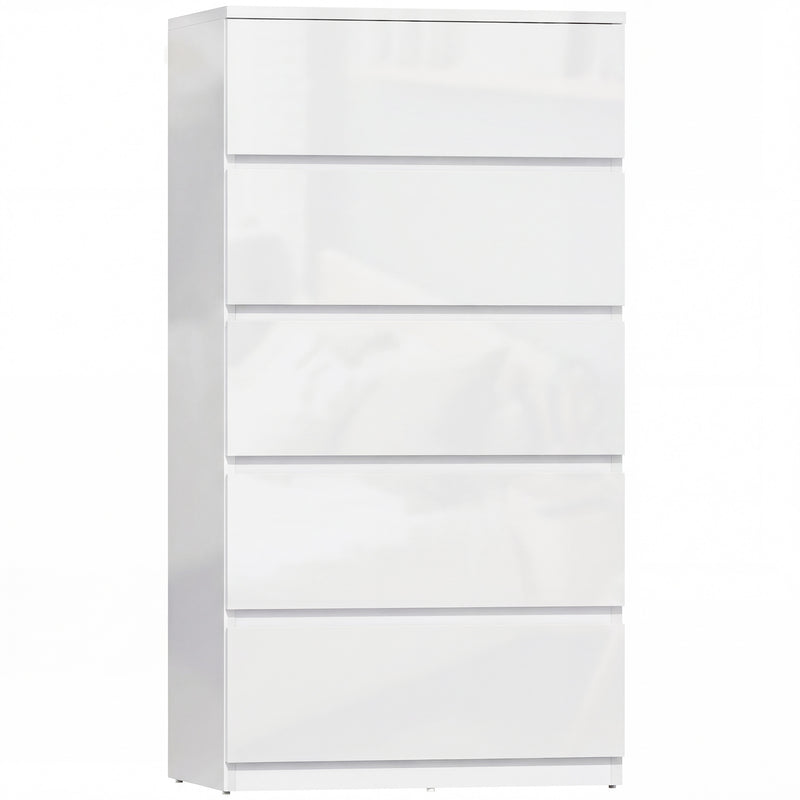 High gloss white 5-drawer chest of drawers with handle-free fronts