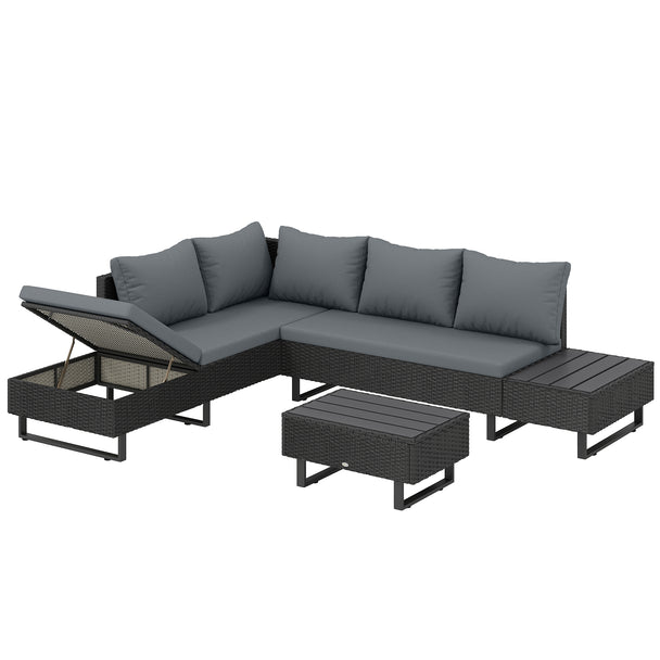 Outsunny 5 Seater Rattan Garden Furniture Set, L Shaped Garden Corner Sofa, Adjustable Back, Faux Wood Table, Dark Grey