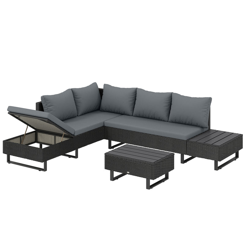 Outsunny 5 Seater Rattan Garden Furniture Set, L Shaped Garden Corner Sofa, Adjustable Back, Faux Wood Table, Dark Grey