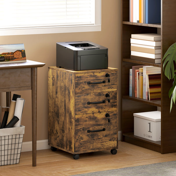 HOMCOM Three Drawer Wood-Effect Filing Cabinet - Rustic Brown – view 2