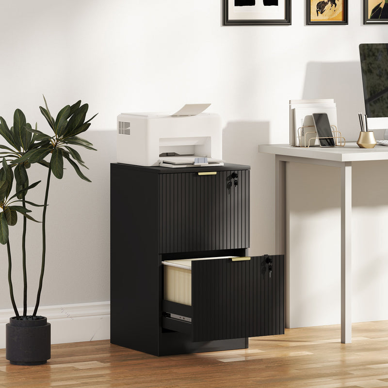 HOMCOM Filing Cabinet, Fluted Vertical File Cabinet with 2 Lockable Drawers and Hanging Rails, Black – view 2