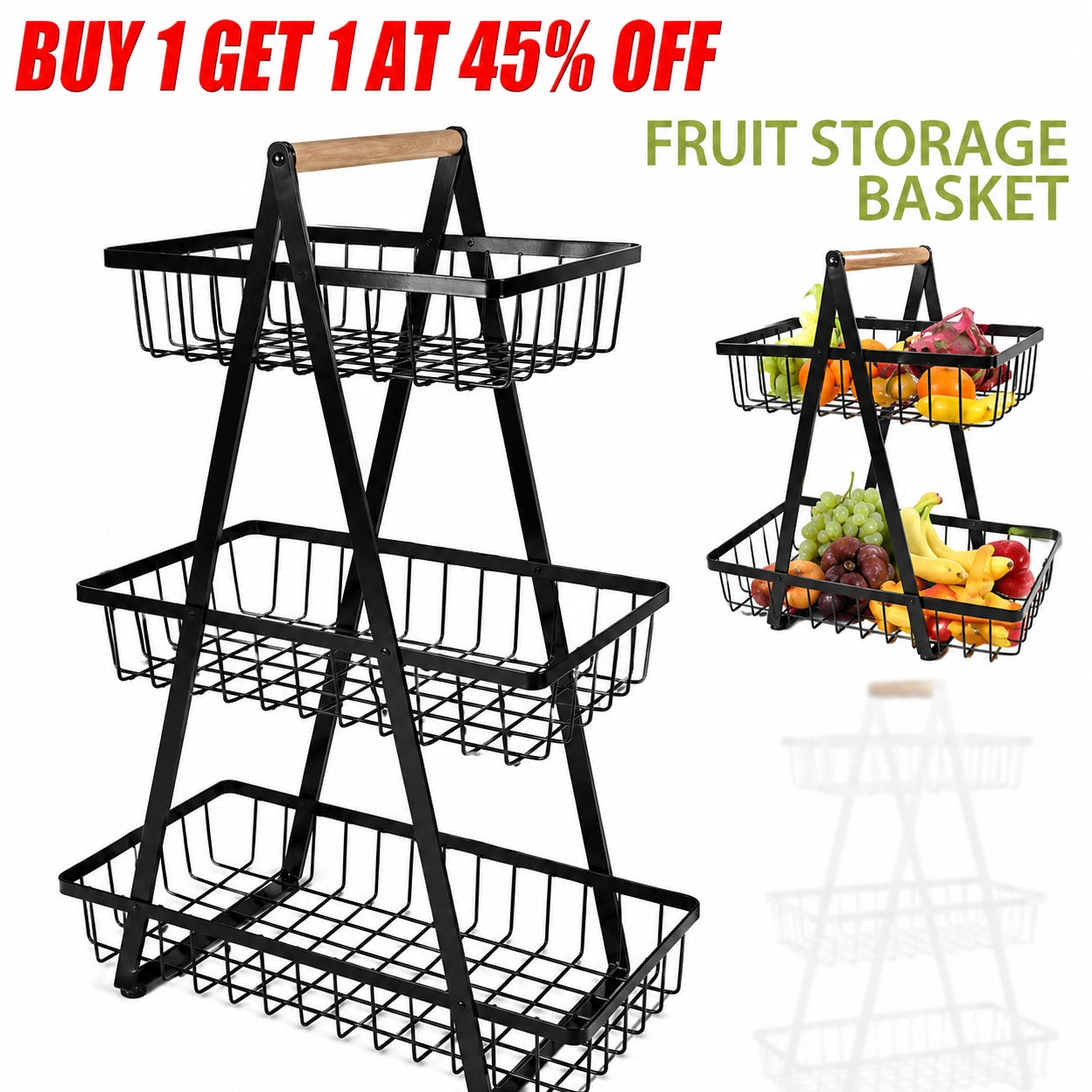 2 & 3 Tier Metal Fruit Basket Stand | Kitchen Countertop Bread & Vegetable Organizer
