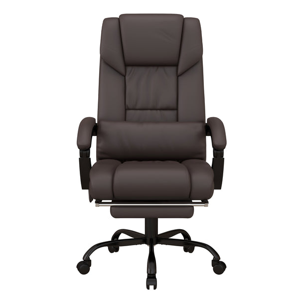 Brown faux leather massage office chair with padded armrests, reclining back, pull-out footrest and remote