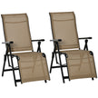 Pair of beige folding reclining garden chairs with mesh seats, armrests and footrests