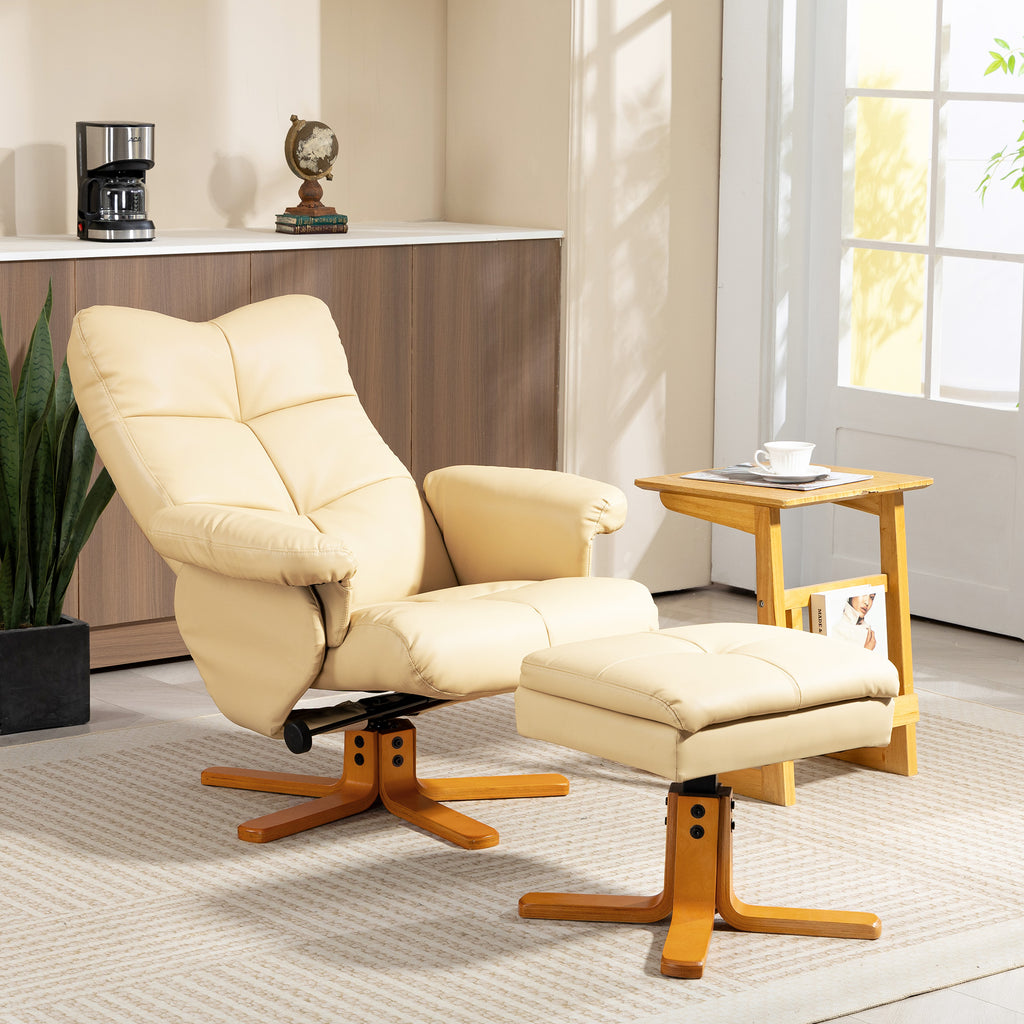 PU Leather Swivel Recliner Chair with Footstool, Wooden Base and Storage for Living Room, Beige