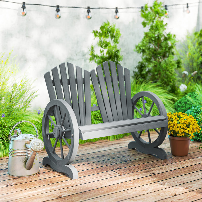 Outsunny Fir Wood Love Seats with Wheel-Shaped Armrests, Large Load-Bearing Chair, Grey – view 2
