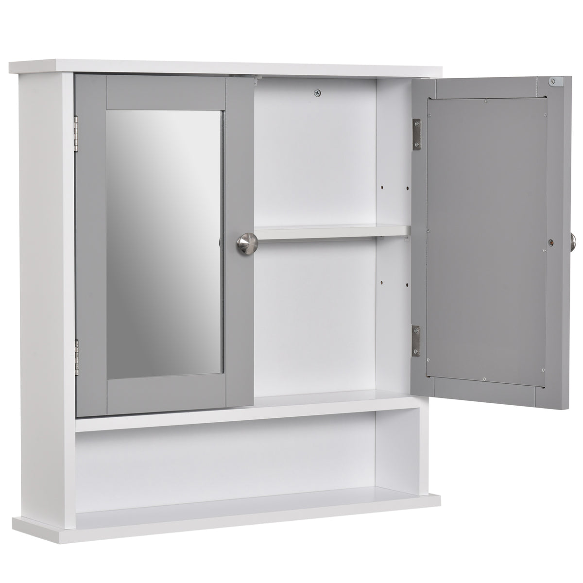 Grey wall-mounted bathroom cabinet with two mirrored doors, metal handles and open lower shelf