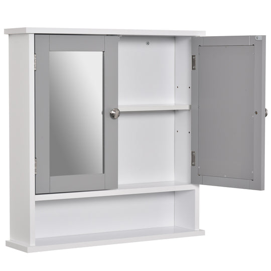 Grey wall-mounted bathroom cabinet with two mirrored doors, metal handles and open lower shelf