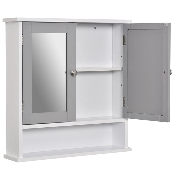 Grey wall-mounted bathroom cabinet with two mirrored doors, metal handles and open lower shelf