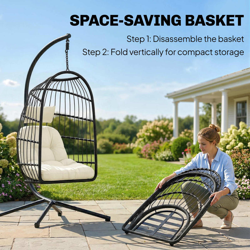 Outsunny Hanging Egg Chair, Indoor Outdoor Hammock Swing Chair with Stand, Safety Strap, Foldable Basket, Black/Cream – view 5