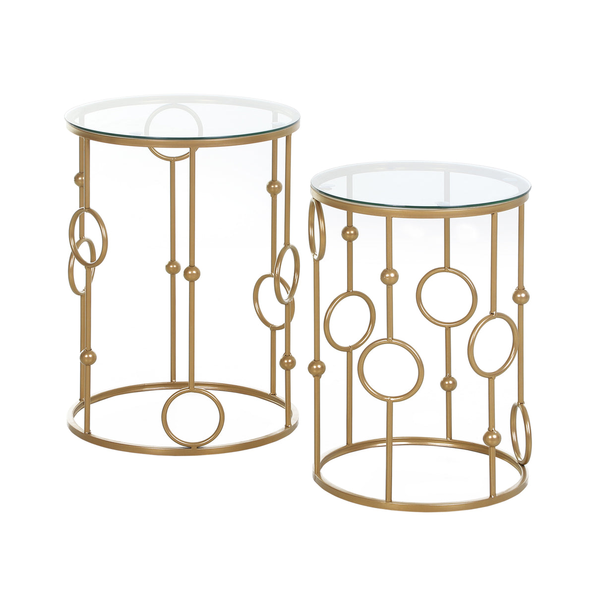 Set of 2 Round Glass Nesting Tables with Hoop Frames – Gold Tone