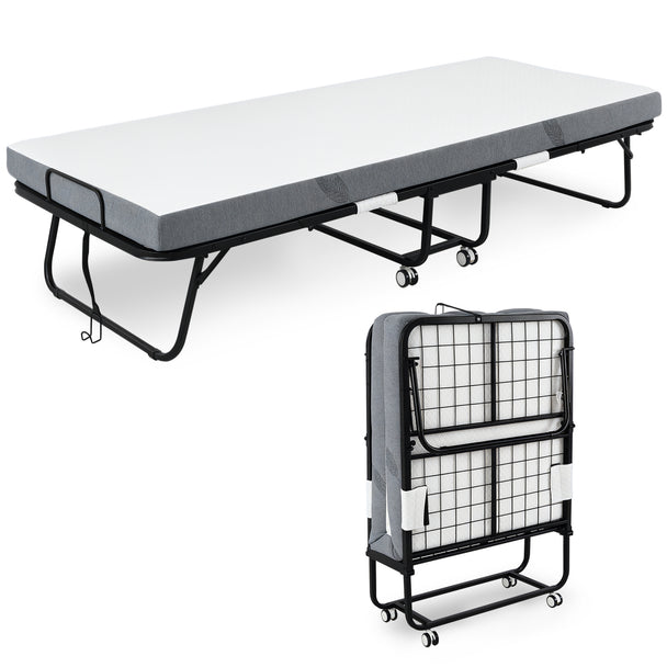 Folding single guest bed with white 10 cm mattress on a black steel frame with wheels