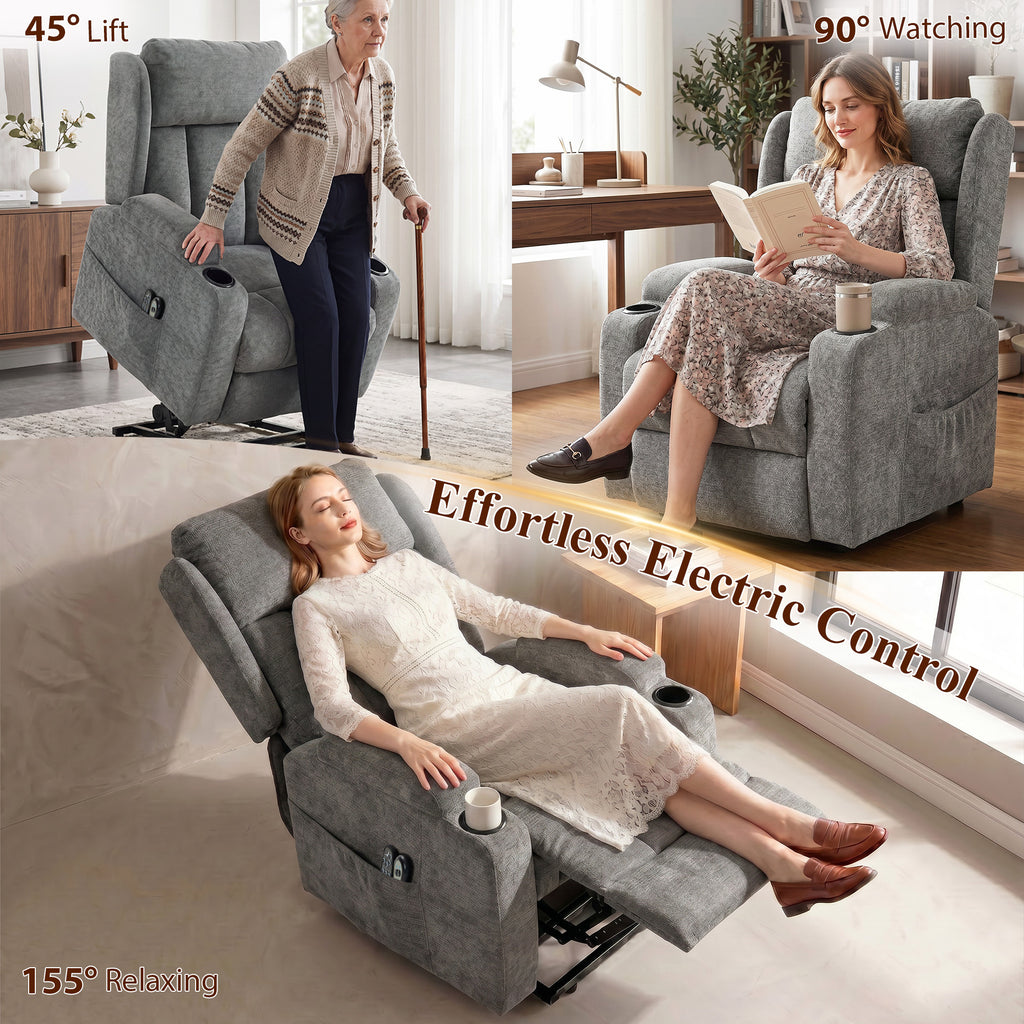HOMCOM Power Lift Recliner Chair with Vibration Massage and Heat, Chenille Riser and Recliner Armchair for Elderly, Grey