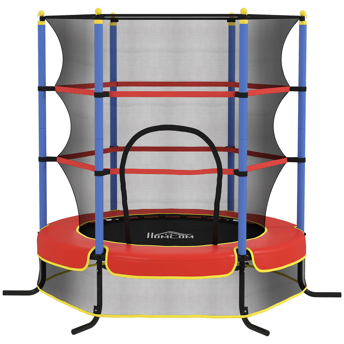 Blue, red and black kids trampoline with safety enclosure net and padded poles