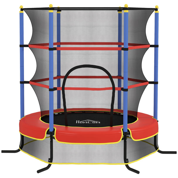 Blue, red and black kids trampoline with safety enclosure net and padded poles
