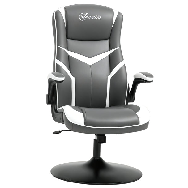 Grey and white faux leather racing-style gaming chair with flip-up armrests on a round black pedestal base