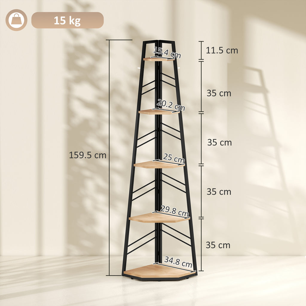 Corner Bookcase, 5-Tier Floor Standing Bookshelf, Shelving Unit for Living Room, Study, Bedroom, Natural Wood Finish