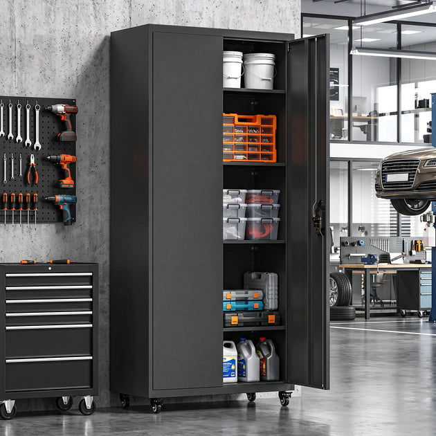 180cm Lockable Steel Tool Cabinet with Wheels & Adjustable Shelves – Black – image 2 of 9