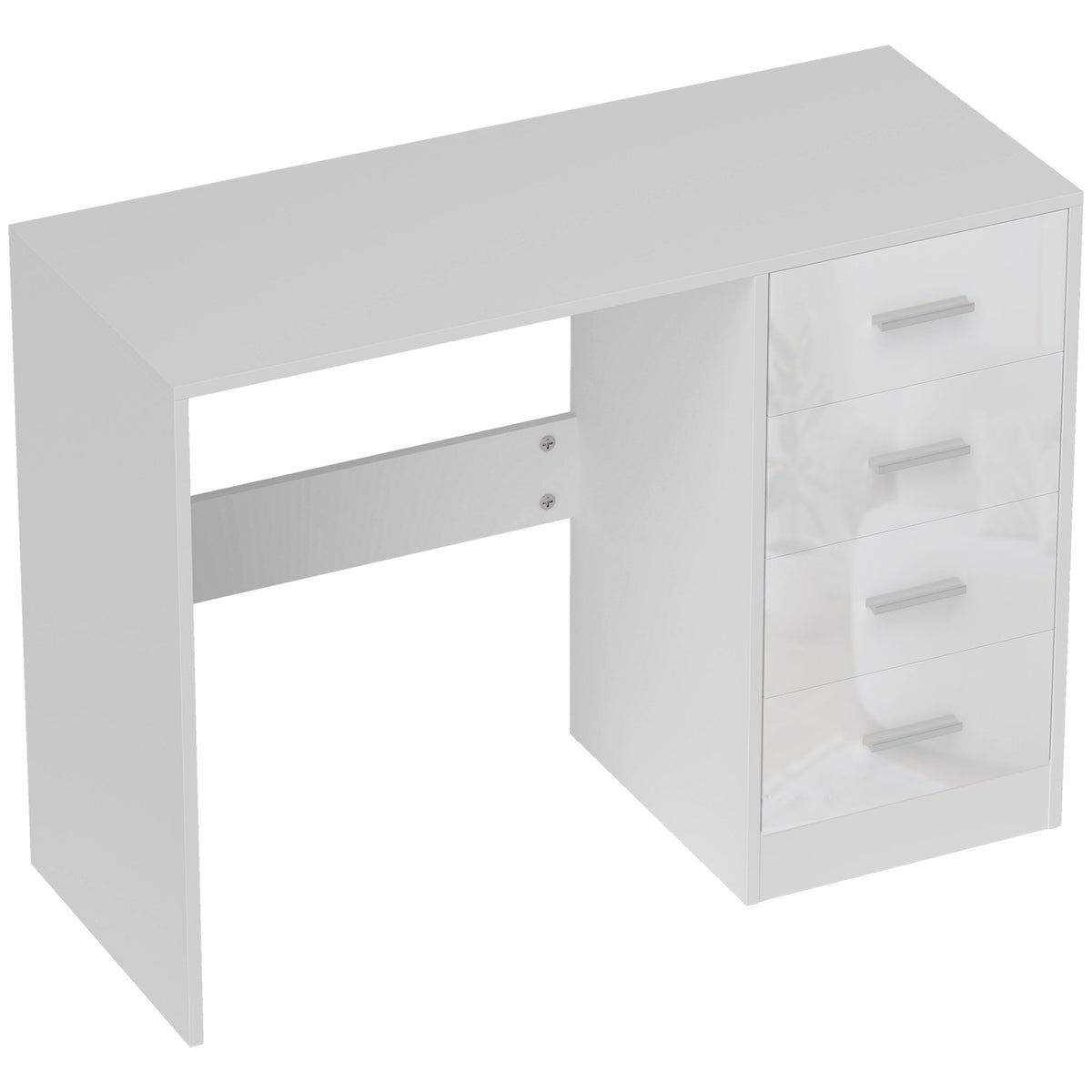 White 98 cm desk with four high-gloss drawers and aluminium handles