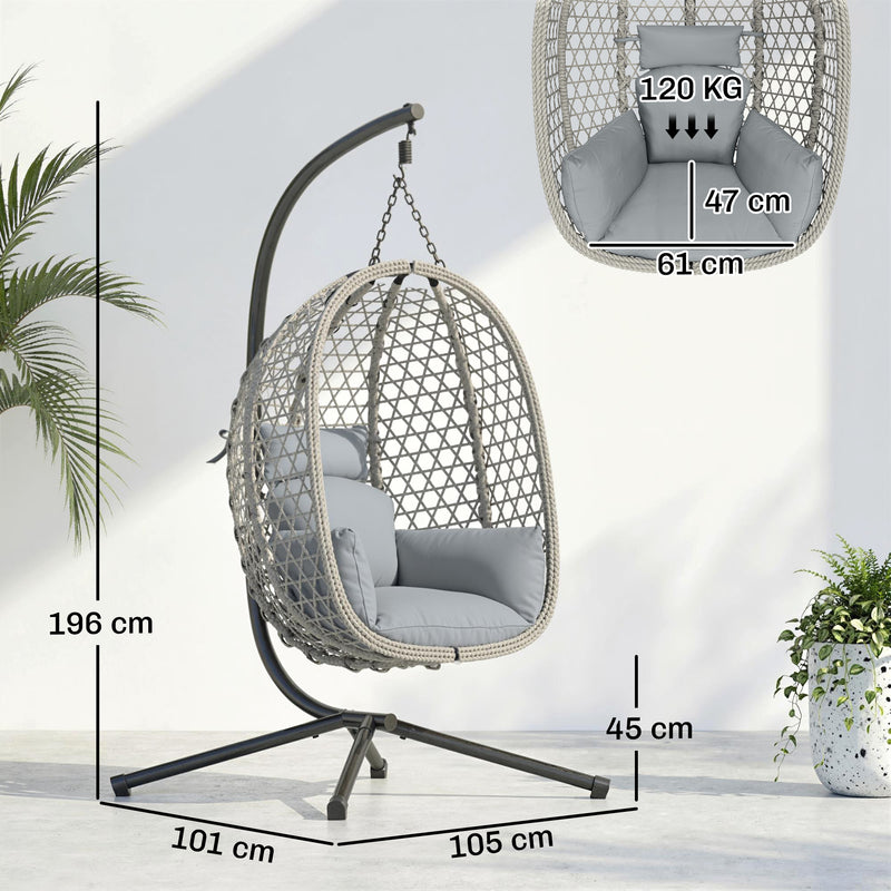 Outsunny Hanging Egg Chair, Indoor Outdoor Rattan Hammock Swing Chair with Stand, Safety Strap, Foldable Basket, Light – view 3
