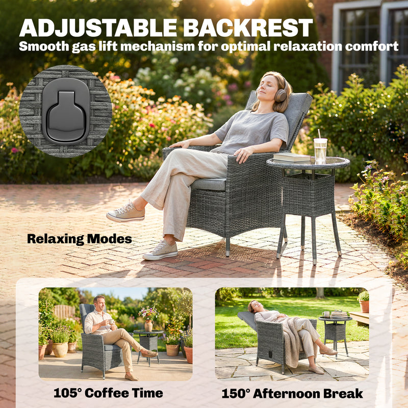 Outsunny Rattan Bistro Set, Reclining Garden Chairs and Glass Coffee Table with Cushions for Patio Balcony Porch, Grey – view 4