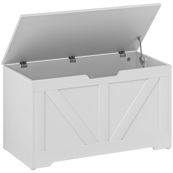 White wood-effect 100L storage chest with safety hinge and flat seat lid