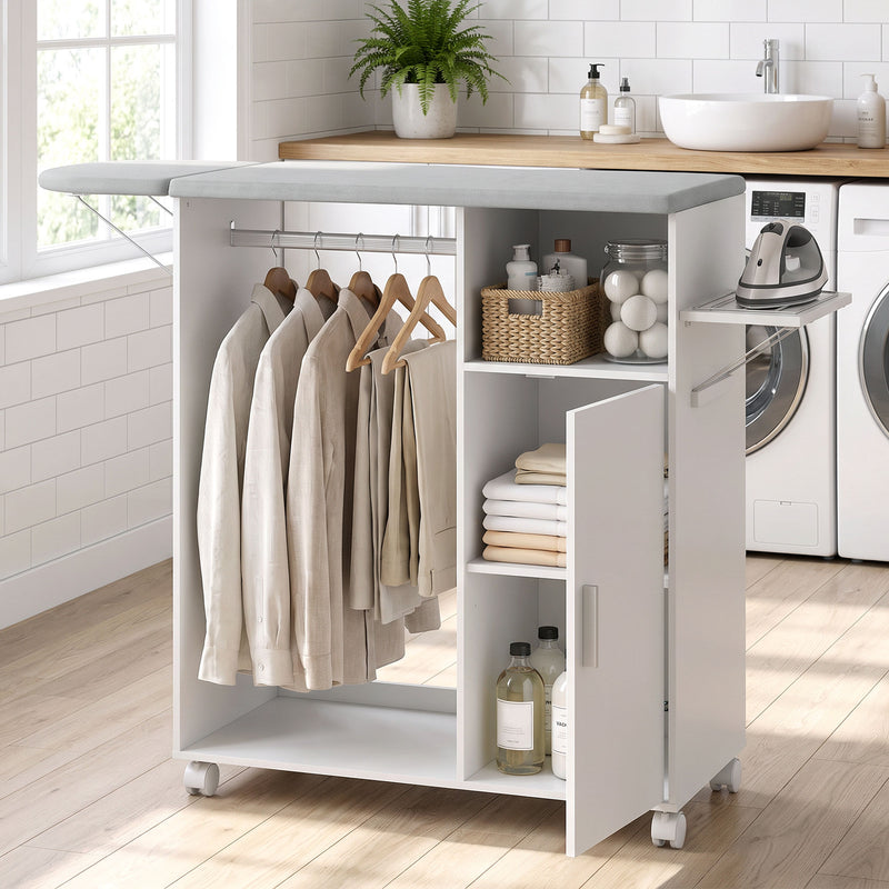 HOMCOM Rolling Ironing Board Cabinet, Foldable Ironing Station with Storage, Wheels for Home, Laundry Room, White – view 9