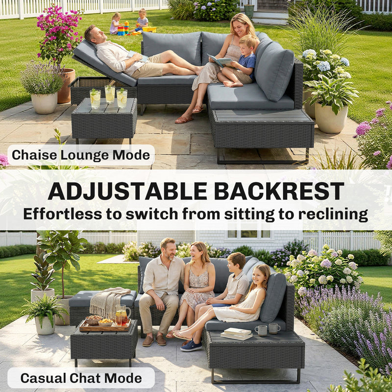 Outsunny 5 Seater Rattan Garden Furniture Set, L Shaped Garden Corner Sofa, Adjustable Back, Faux Wood Table, Dark Grey – view 4