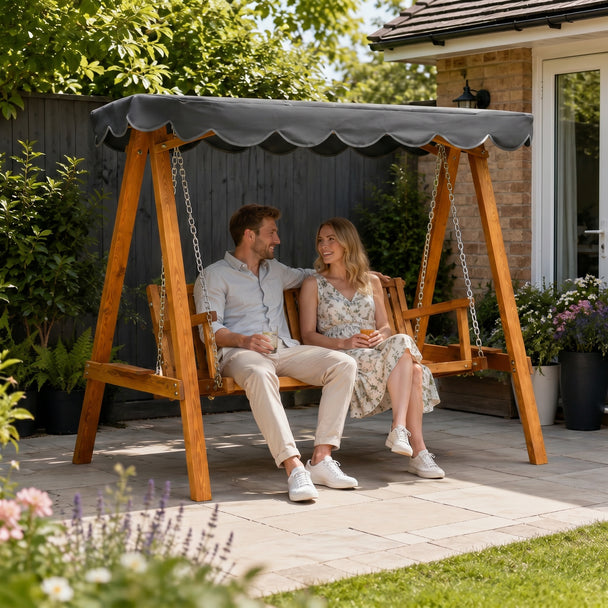 Outsunny 3 Seater Garden Swing Seat with Canopy, Wooden Swing Chair, Outdoor Hammock Bench for Balcony Patio Porch – view 2