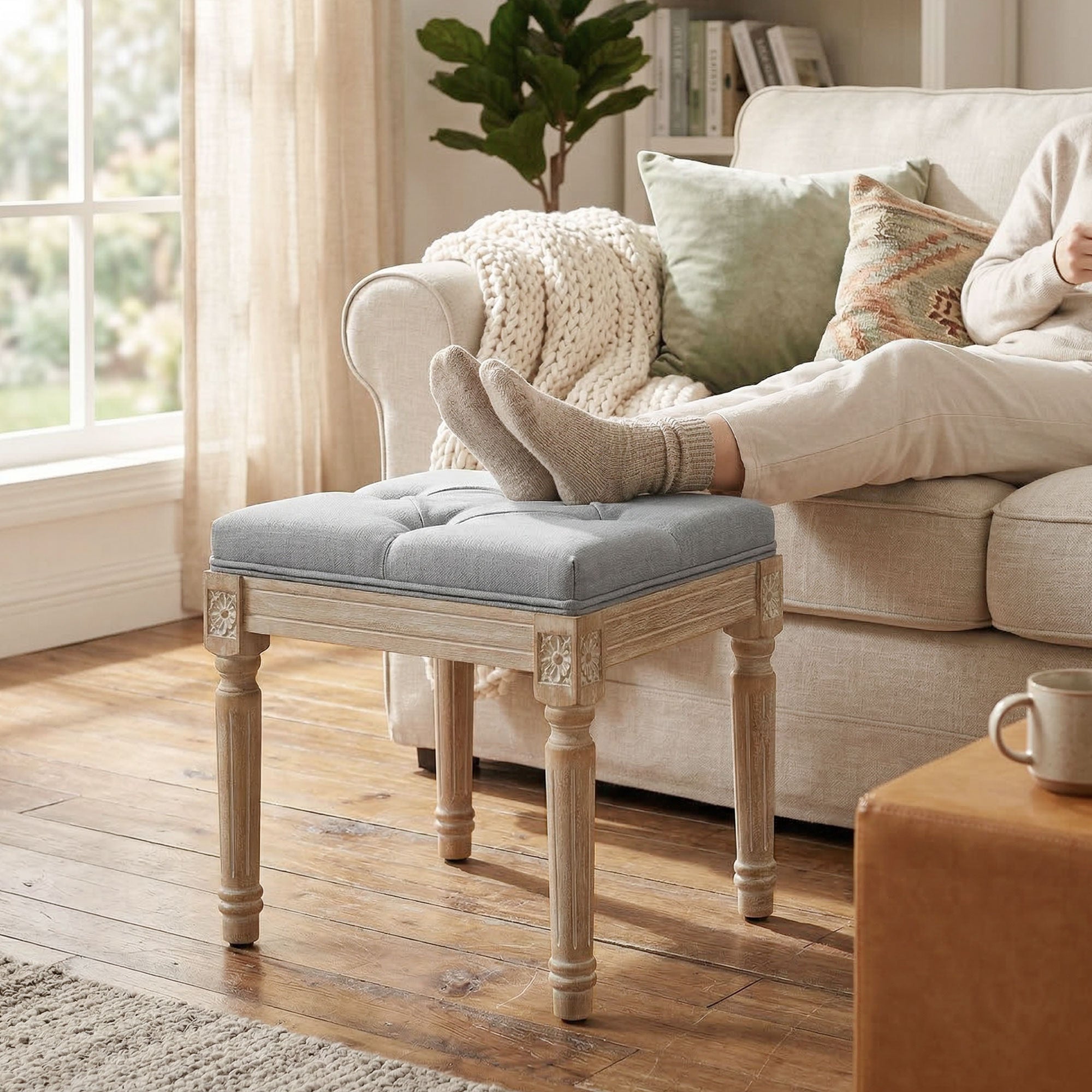 Vintage Foot Stool, Tufted Square Footrest with Wood Legs, Light Grey