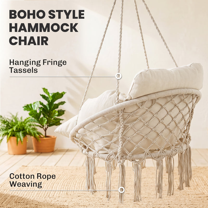 Outsunny Hanging Chair Outdoor Hammock Chair with Soft Cushion, Cotton Rope Boho Style Swing Chair, Hanging Garden – view 5