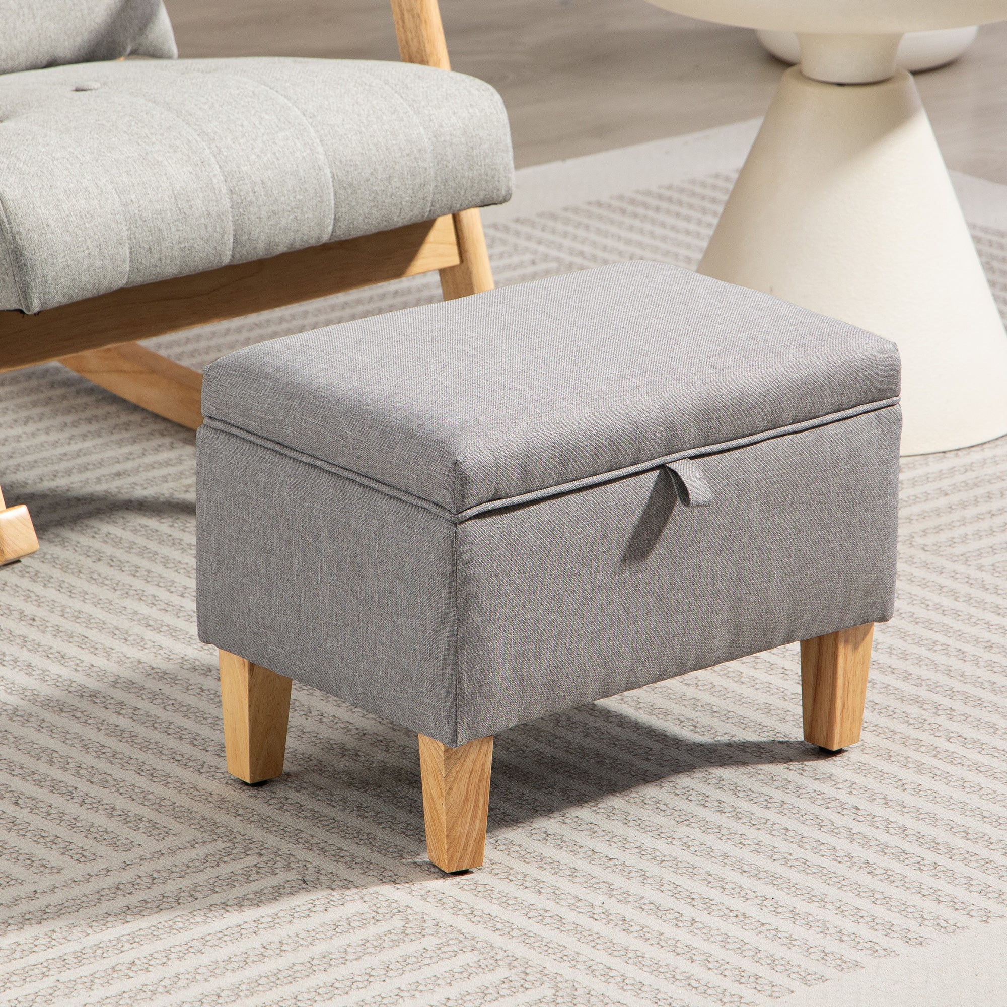 16L Linen Storage Ottoman Padded Footstool with Rubberwood Legs for Storage Box, Bed End, Shoe Bench, Seating, Light Grey