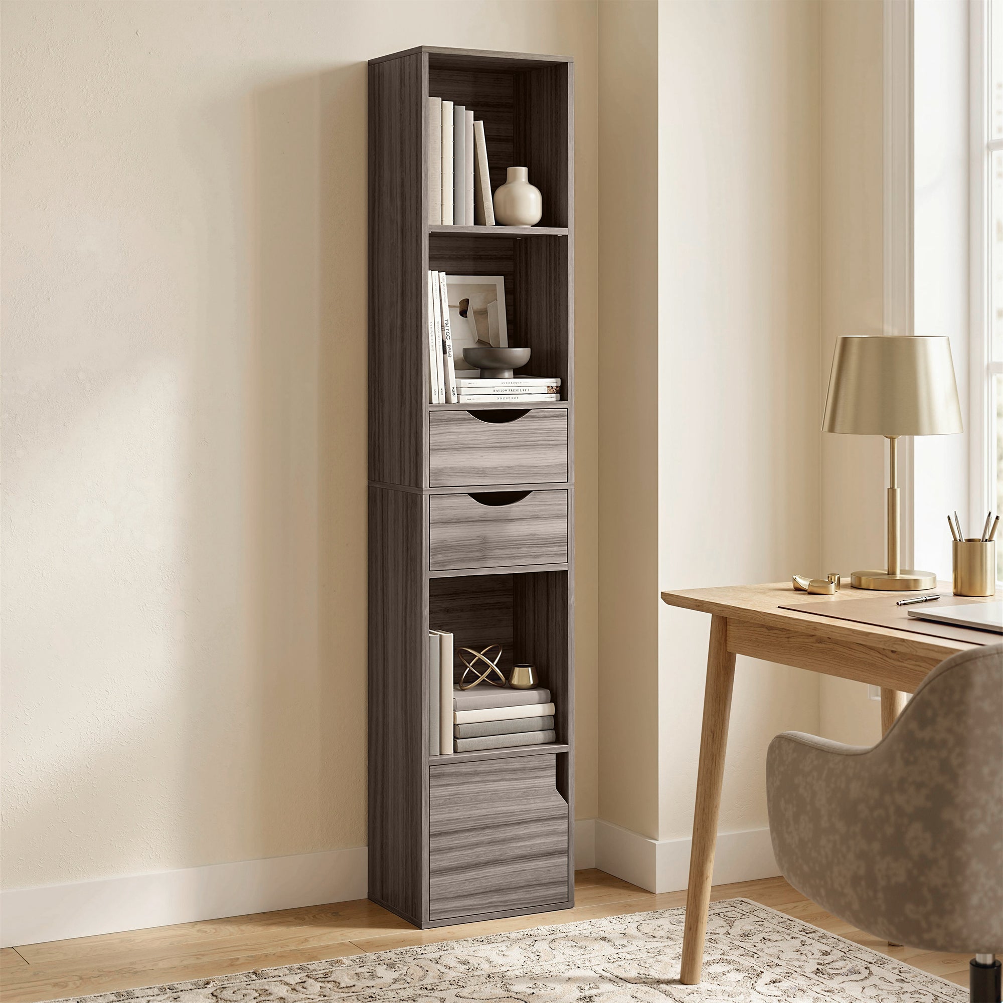 Bookcase with Drawers Adjustable Shelf Bookshelf with 2 Drawers and Cabinet 158 cm Grey