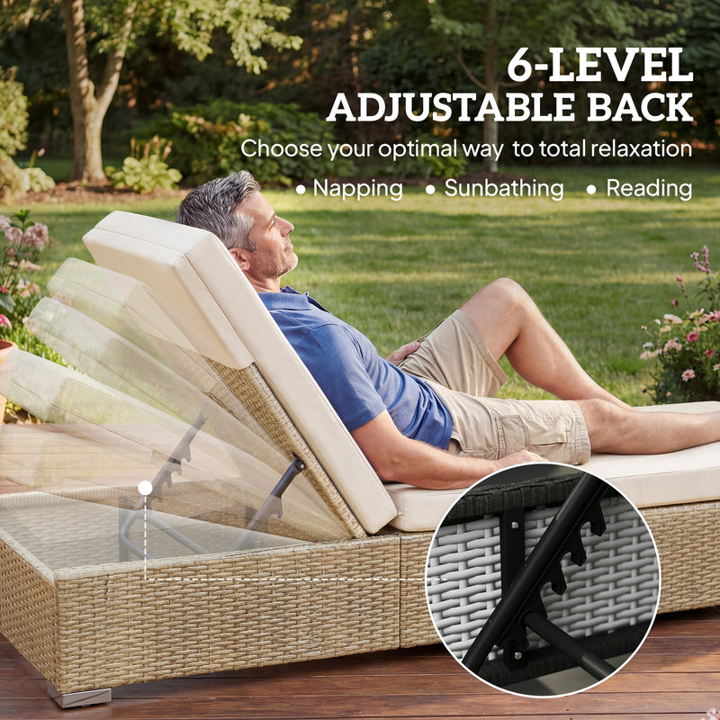 Outsunny Rattan Sun Loungers Set of 2 with Side Table, Garden Recliner Sunbeds with Adjustable Back, Cushions, Beige – view 4