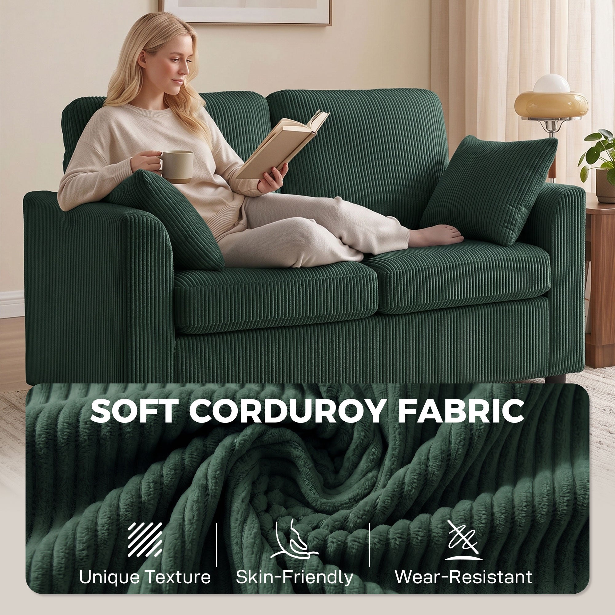 2 Seater Sofa, Corduroy Small Couch with Spring Cushion, Wide and Deep Seat, Dark Green