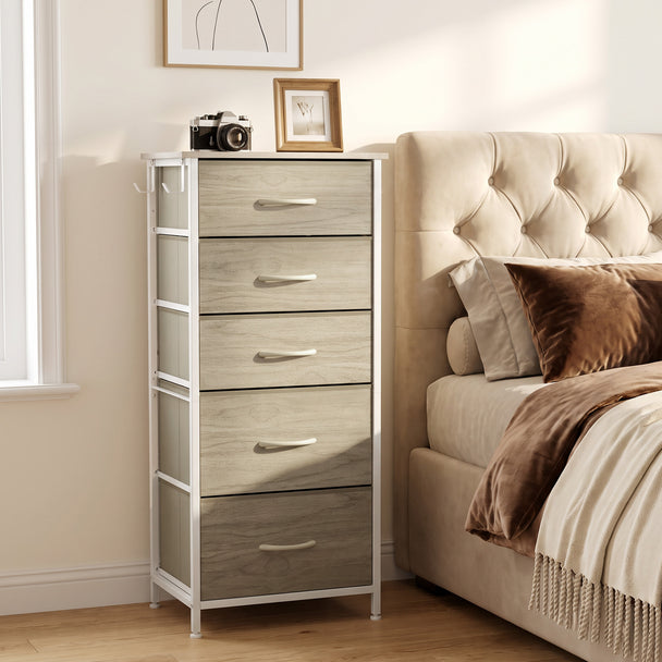 HOMCOM Chest of Drawers, Dresser with 5 Fabric Drawers, Tall Storage Unit with 4 Pockets and 2 Hooks Steel Frame – view 2