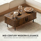 Coffee Table with Storage, Living Room Table with Slatted Tambour Sliding Doors and Adjustable Foot Pads, Rectangular Coffee Table with Elevated Base for Living Room, Rustic Brown