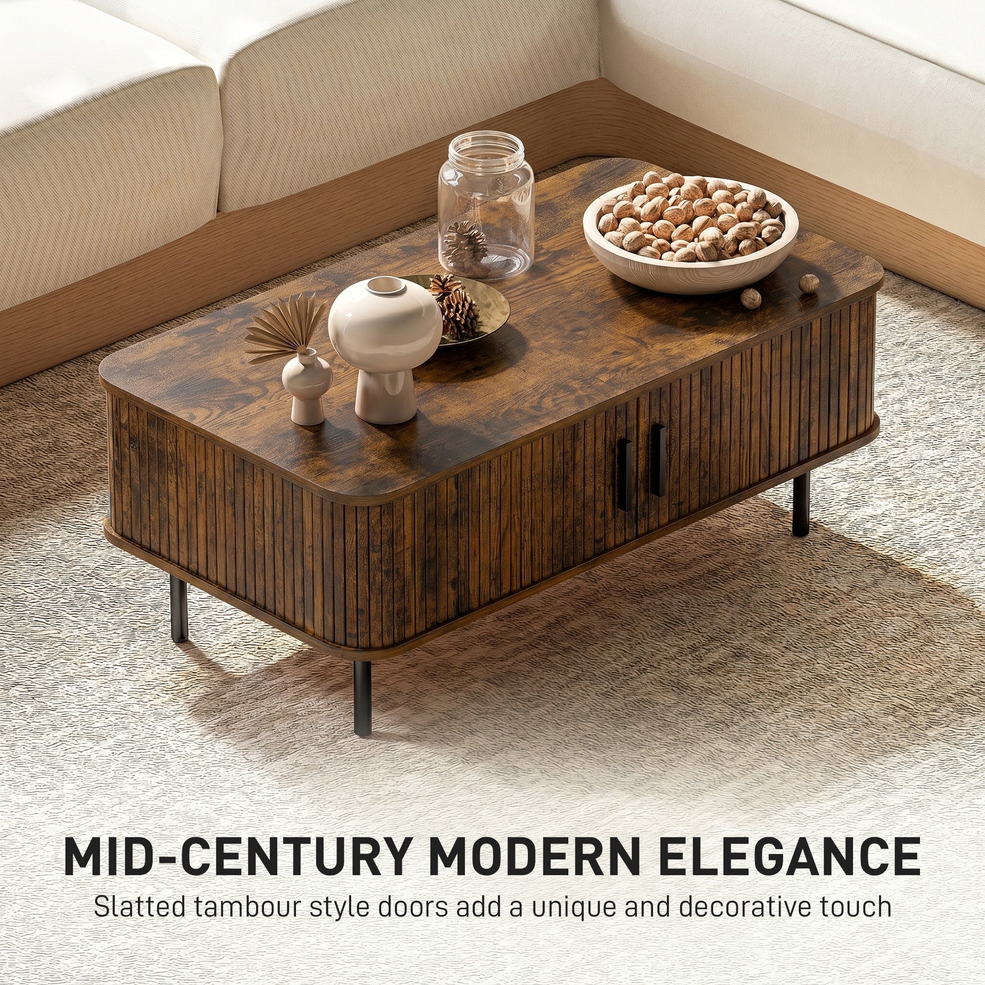 Coffee Table with Storage, Living Room Table with Slatted Tambour Sliding Doors and Adjustable Foot Pads, Rectangular Coffee Table with Elevated Base for Living Room, Rustic Brown
