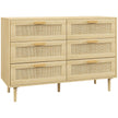 Wide oak-effect 6-drawer chest of drawers with rattan fronts and pine handles
