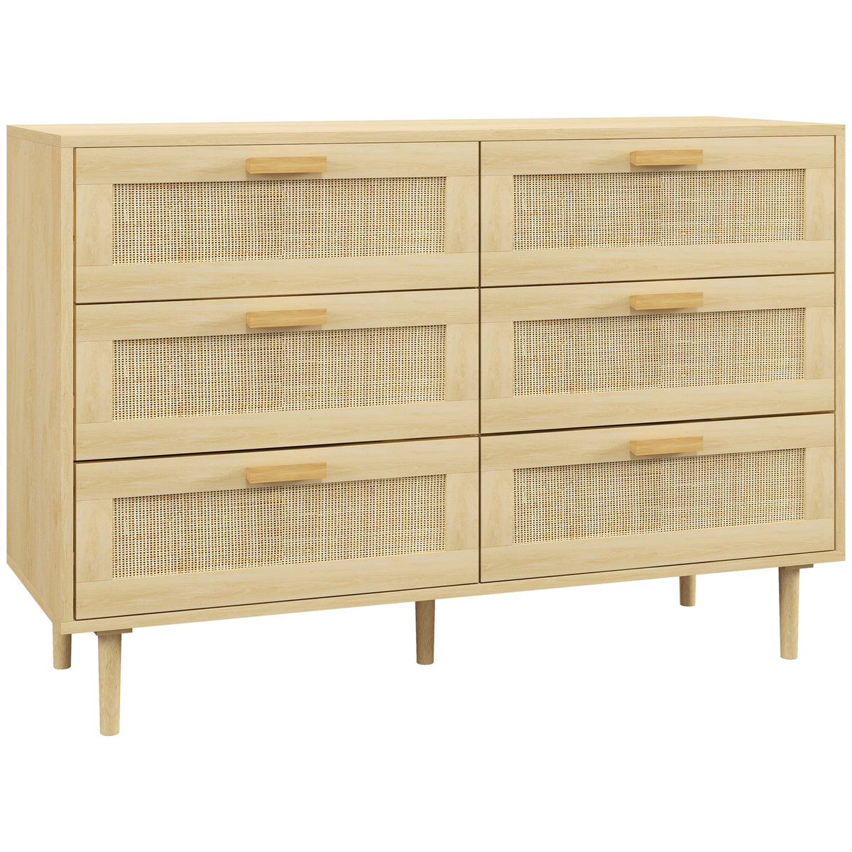 Wide oak-effect 6-drawer chest of drawers with rattan fronts and pine handles
