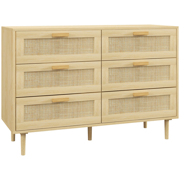 Wide oak-effect 6-drawer chest of drawers with rattan fronts and pine handles